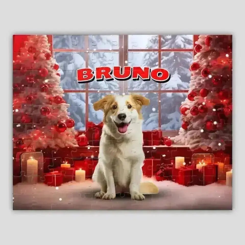 Personalized Christmas Backdrop Dog Photo Puzzle - Shaggy Chic