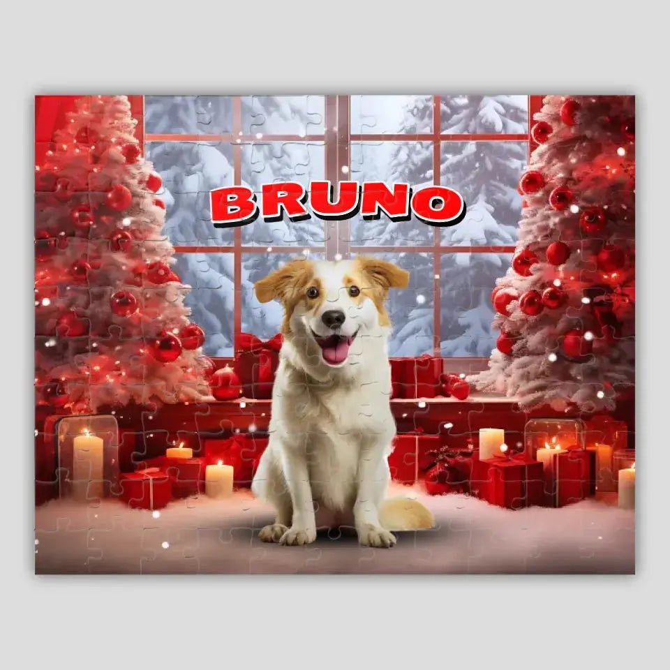 Personalized Christmas Backdrop Dog Photo Puzzle - Shaggy Chic