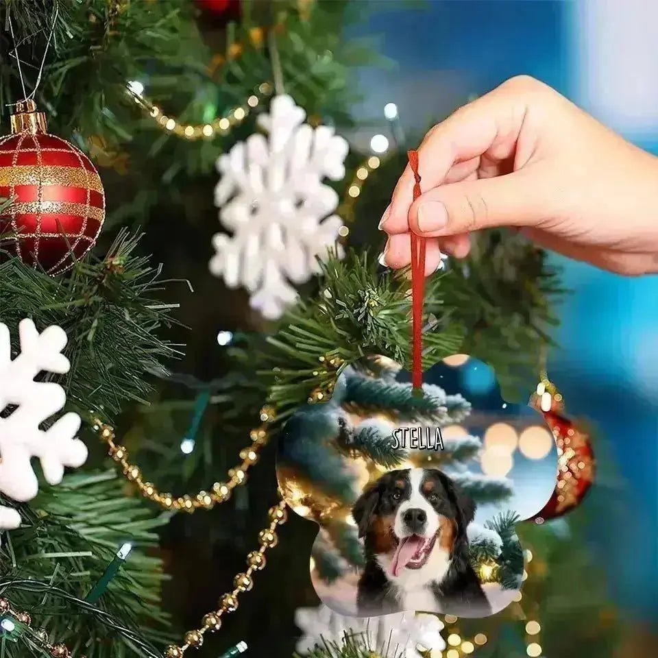 Personalized Dog Photo Christmas Theme Paw Shape Aluminum Ornaments - Shaggy Chic