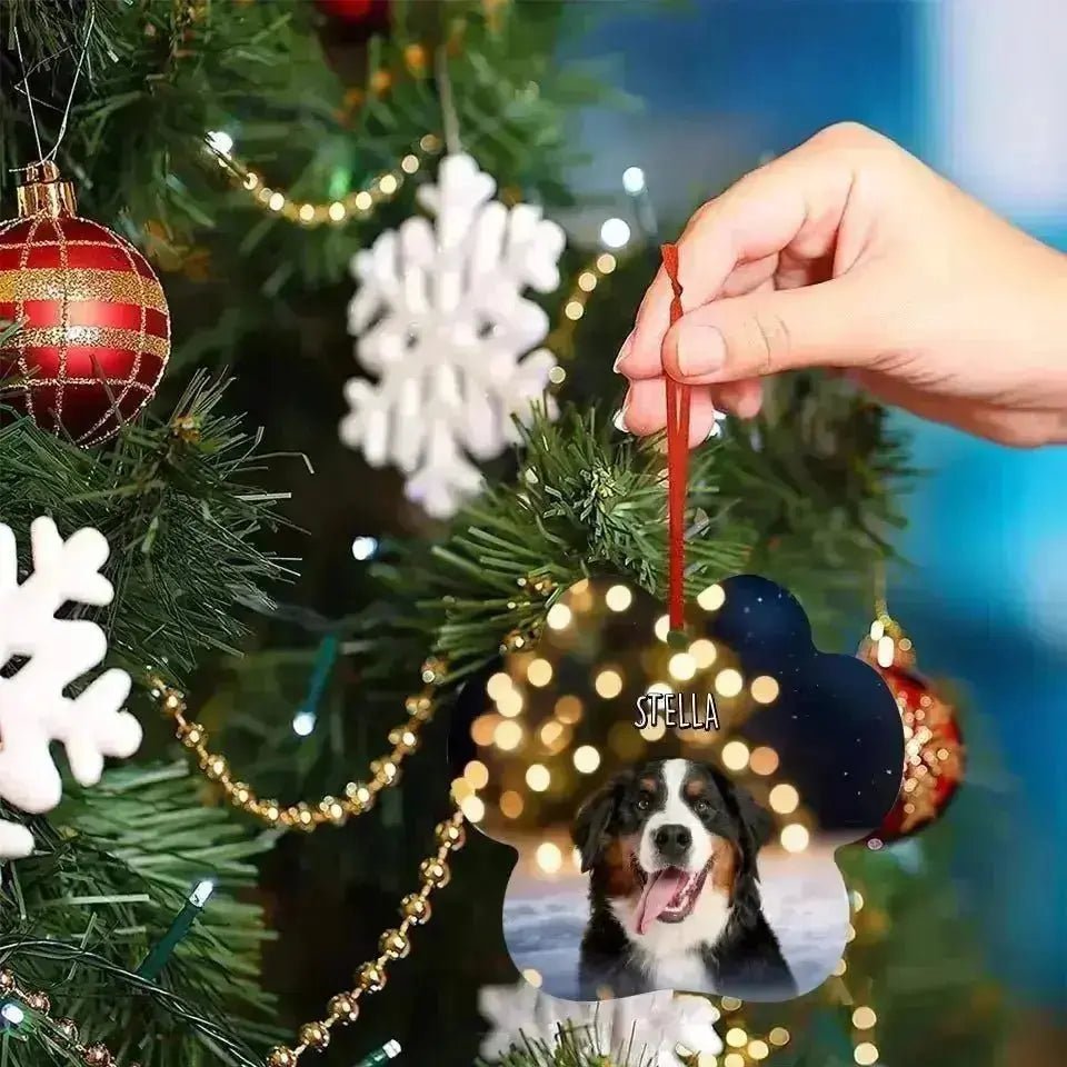 Personalized Dog Photo Christmas Theme Paw Shape Aluminum Ornaments - Shaggy Chic