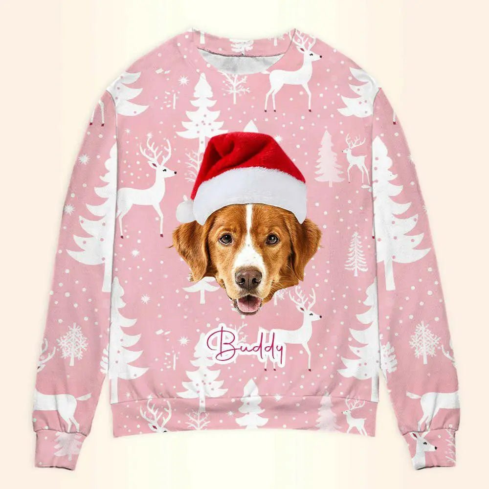 Personalized Pet Photo Christmas Sweatshirt - Pink Custom Unisex Crewneck Shirt For Pet Lovers ! - Shaggy Chic