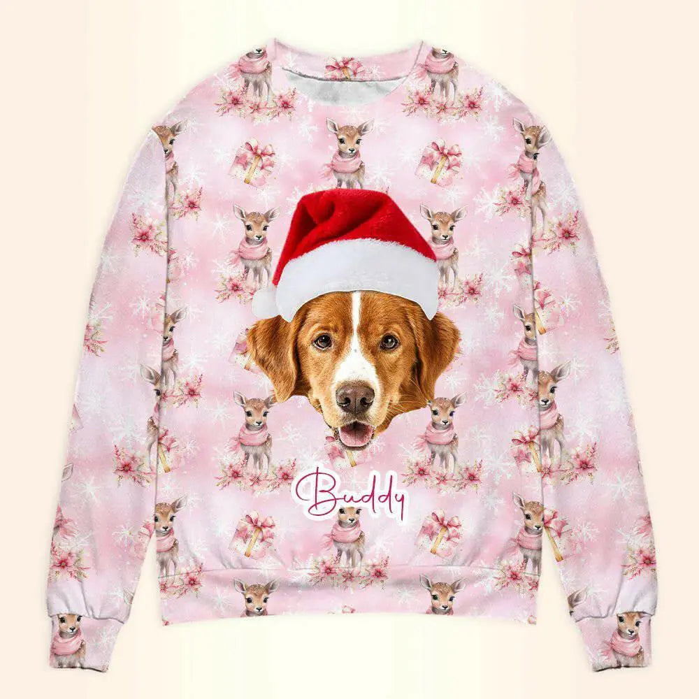 Personalized Pet Photo Christmas Sweatshirt - Pink Custom Unisex Crewneck Shirt For Pet Lovers !.