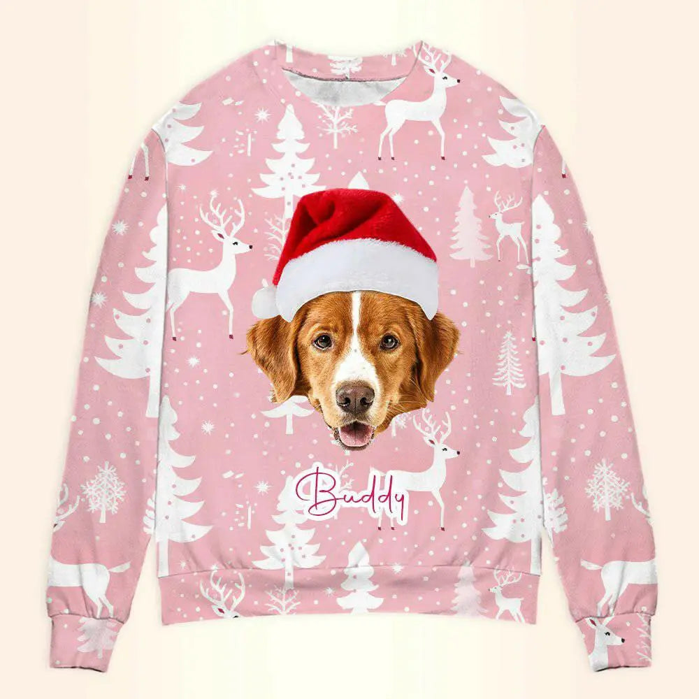 Personalized Pet Photo Christmas Sweatshirt - Pink Custom Unisex Crewneck Shirt For Pet Lovers !.