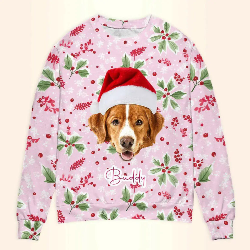 Personalized Pet Photo Christmas Sweatshirt - Pink Custom Unisex Crewneck Shirt For Pet Lovers !.
