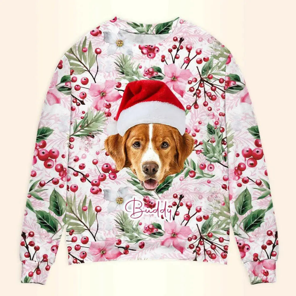 Personalized Pet Photo Christmas Sweatshirt - Pink Custom Unisex Crewneck Shirt For Pet Lovers !.