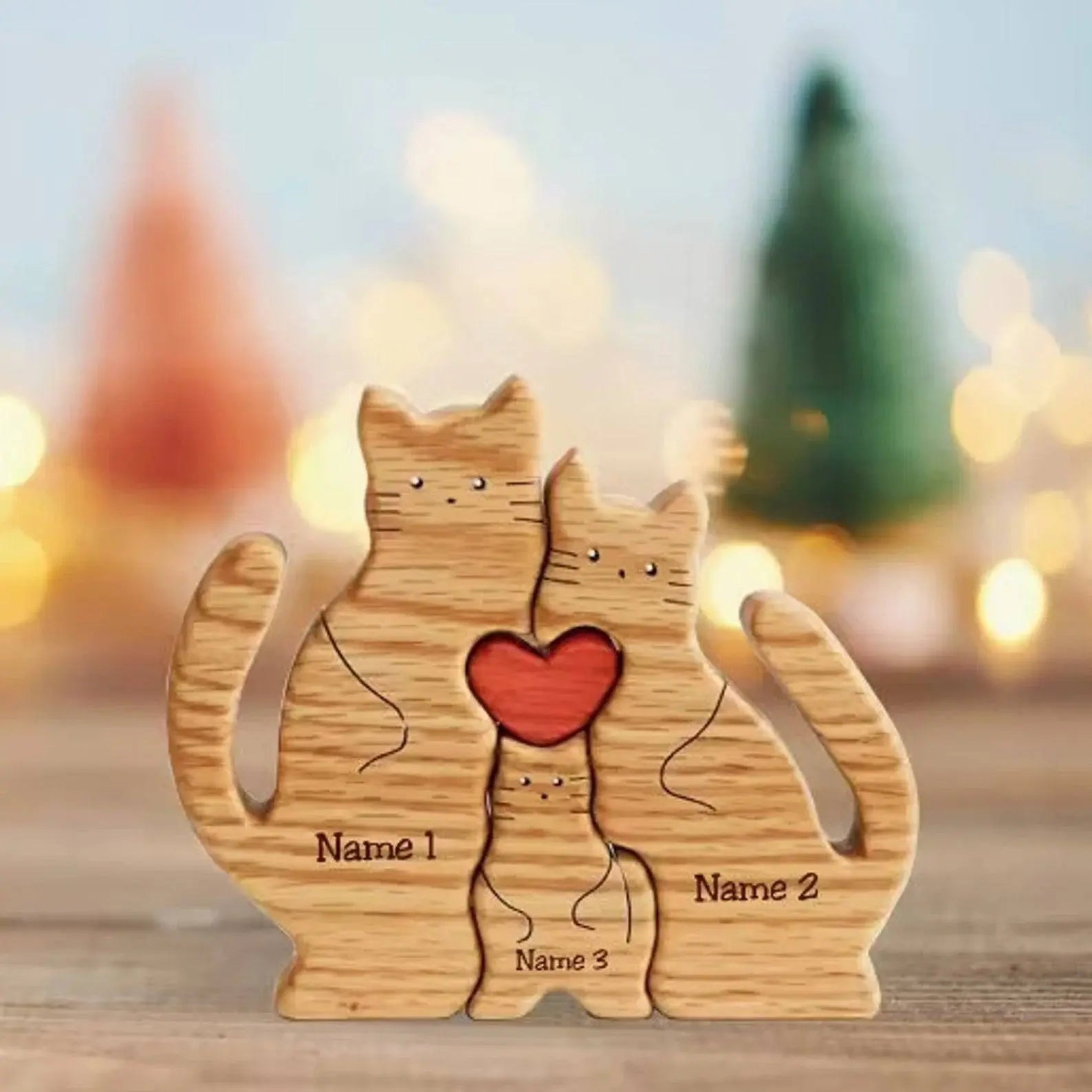 Personalized Wooden Cat Puzzle Gift For Home Decoration - Cat Family Upto 6 Members.