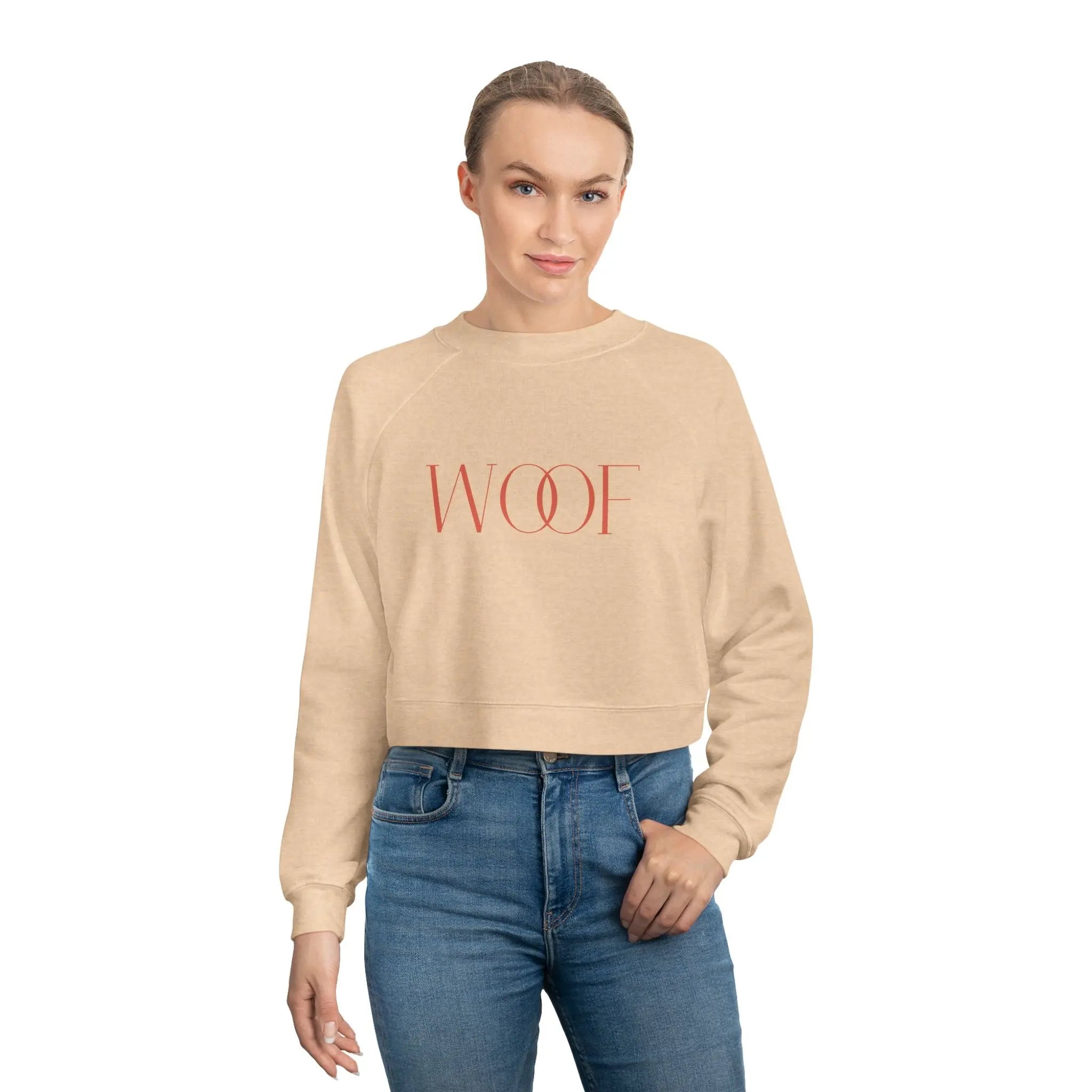 Stylish Women's Cropped Fleece Pullover - 'WOOF' Design for Pet Lovers - Shaggy Chic