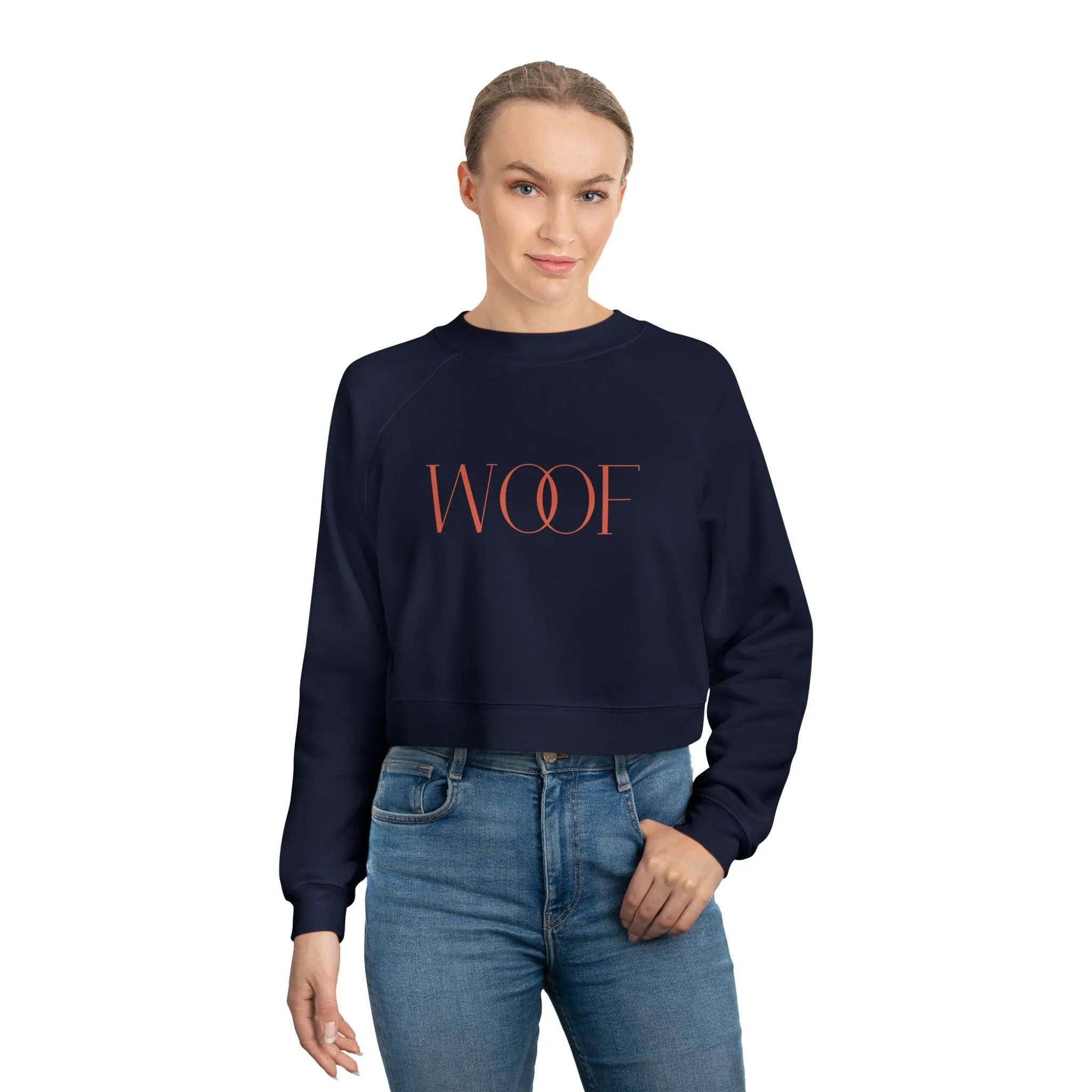 Stylish Women's Cropped Fleece Pullover - 'WOOF' Design for Pet Lovers - Shaggy Chic