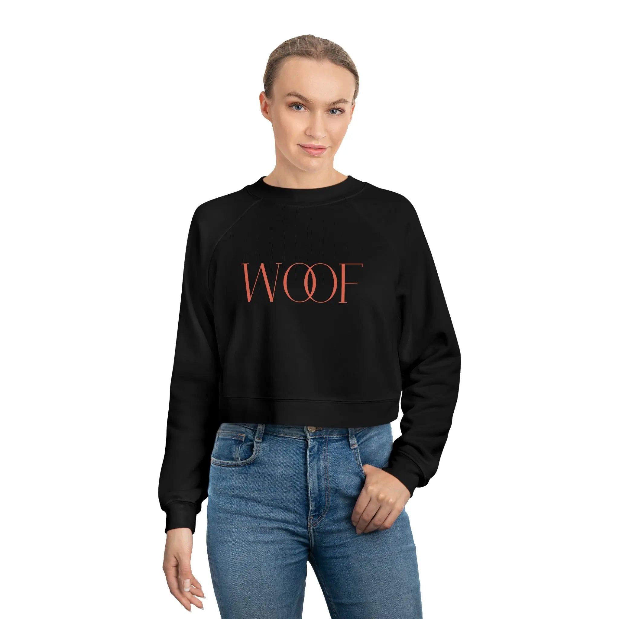 Stylish Women's Cropped Fleece Pullover - 'WOOF' Design for Pet Lovers - Shaggy Chic